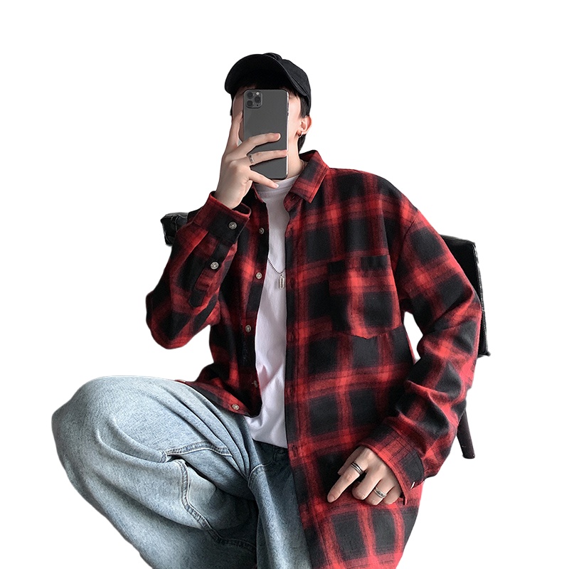 茜靓CHYLLIRN2021春季港风ins格子衬衫男士长袖韩版潮流帅气外套休闲情侣衬衣