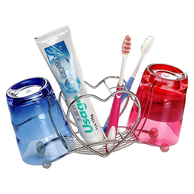 欧润哲(ORANGE) 3件套浴室不锈钢牙刷架配台湾进口亚克力蓝红色情侣洗漱杯 心形架刷牙杯301028