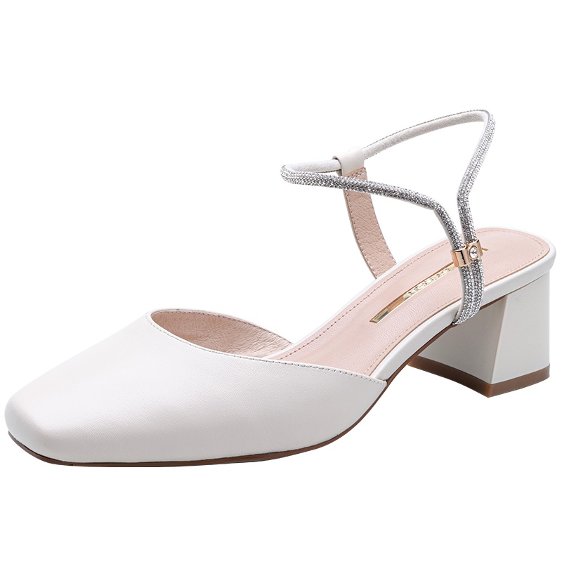 百田森2021春夏商场同款羊皮半包头凉鞋女高跟新款通勤方头凉鞋女