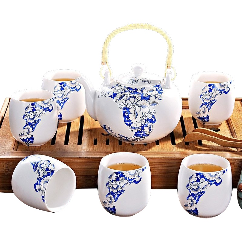 景德镇陶瓷手绘茶具套装 中式家用6人茶杯茶壶玉色牡丹安全包装