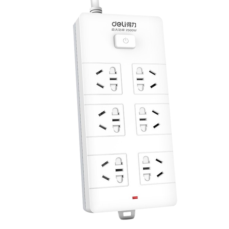 得力(deli)18267新国标电器插座50mm大间距插孔6位组合孔插座/插排/插线板阻燃线长3米总控开关应急工具