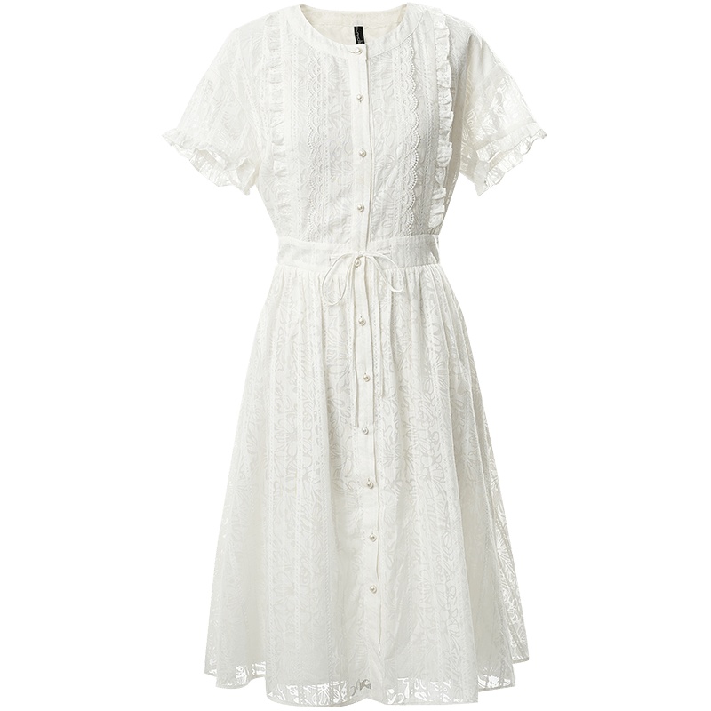 欧昵雪夏装气质圆领荷叶边短袖收腰连衣裙女显瘦a字裙