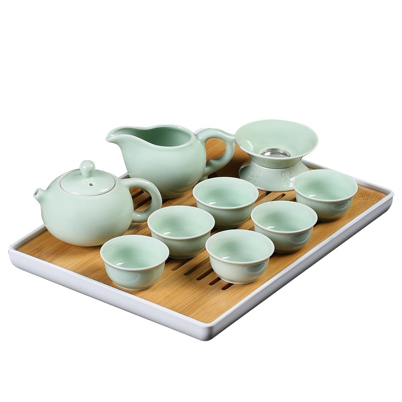 苏氏陶瓷整套陶瓷功夫茶具套装茶杯便携竹制干泡茶盘储水茶台茶道 粉青
