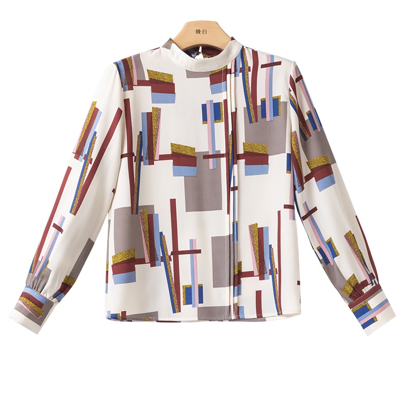 晚白 2020春季新品印花简约时尚立领宽松雪纺衫长袖套头衬衫衬衣女