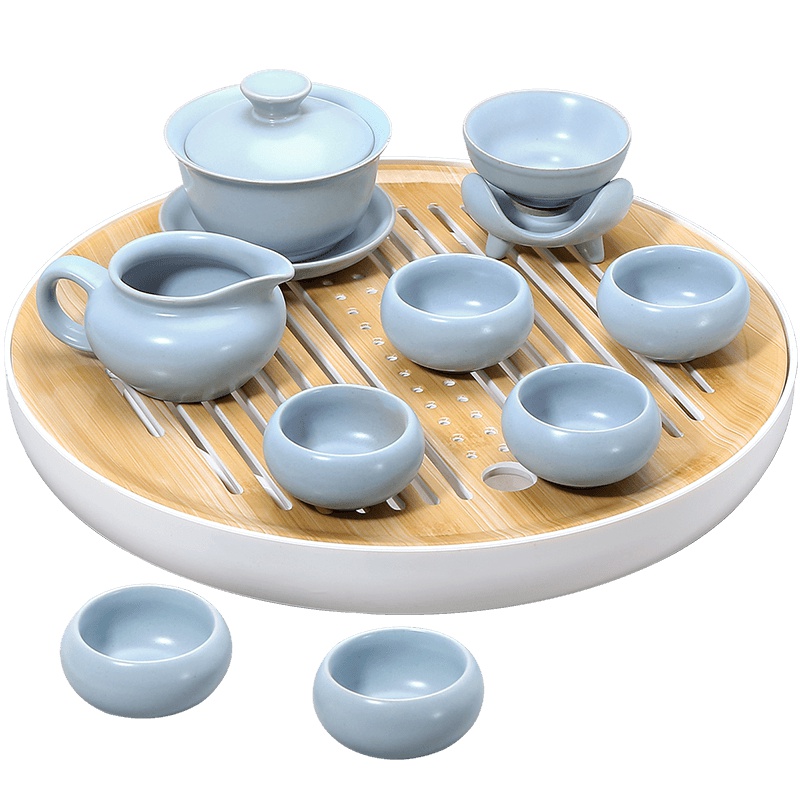 言艺(yanyi) 汝窑功夫茶具套装家用泡茶壶茶杯套装 浅末竹纹配寻青盖碗