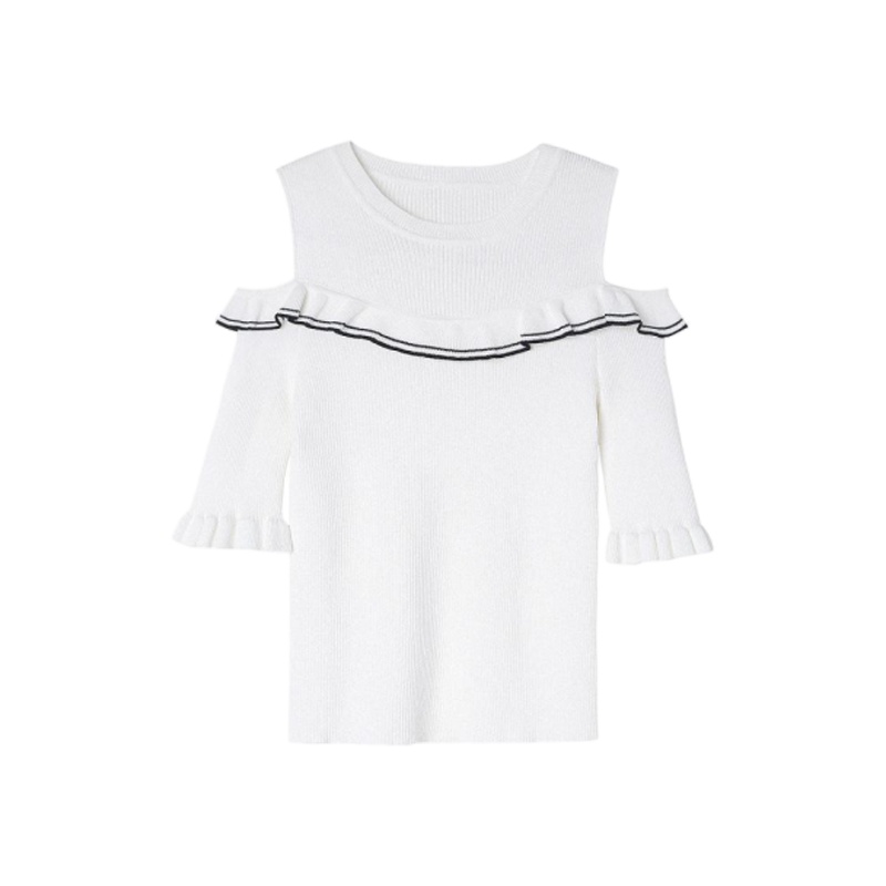 拉·贝缇 夏修身显瘦百搭时尚圆领露肩拼色短袖针织打底T恤