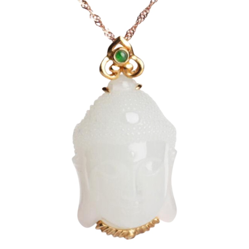 帛兰梓韵 天然和田白玉佛头吊坠18K黄金镶白玉项链男女款K金项链挂坠送证书