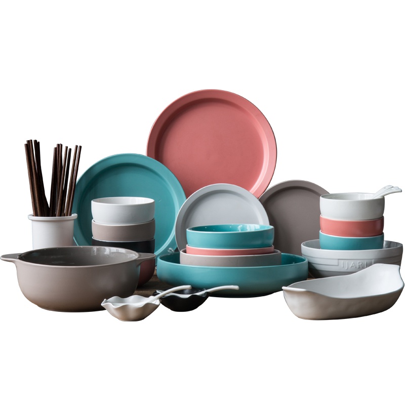 亿嘉IJARL 创意韩式陶瓷碗盘碗筷碗碟套装简约创意礼盒餐具 马卡龙46头