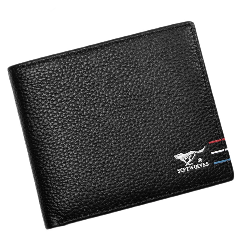 七匹狼钱包 两折钱夹皮夹横款多功能票夹 头层牛皮短款零钱夹男 礼盒装 黑色
