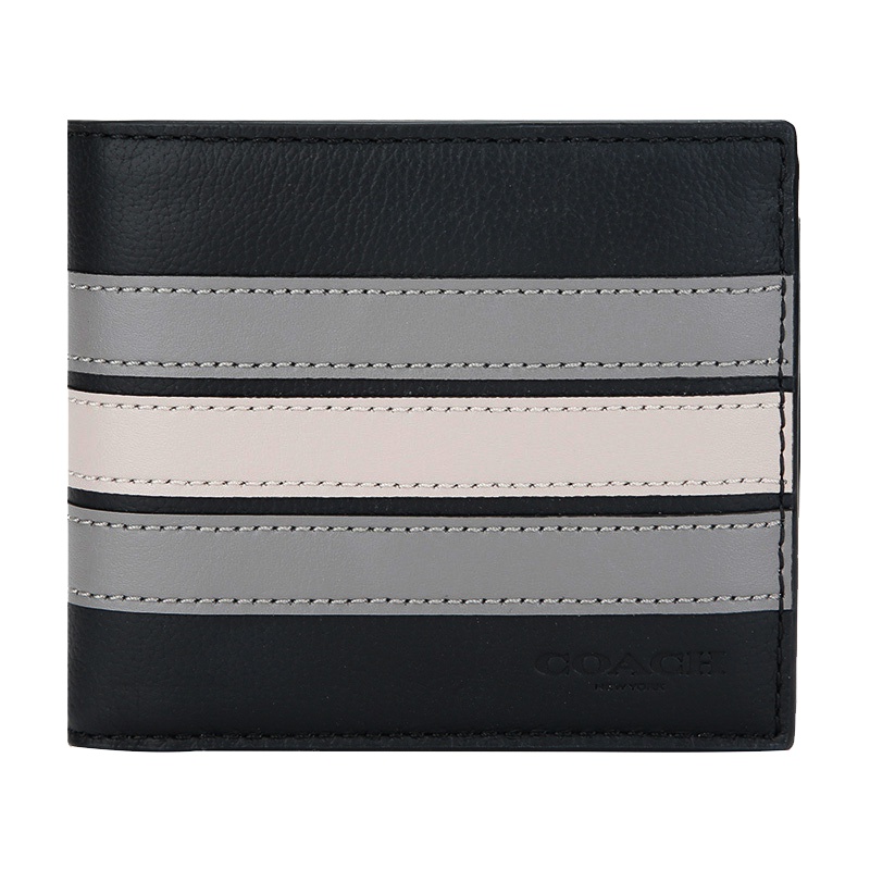 COACH 蔻驰 奢侈品 欧美时尚男士钱包黑色条纹皮革短款钱包钱夹