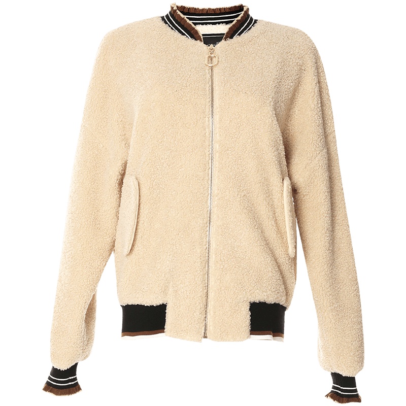 欧昵雪秋冬后背字母绣花木耳边立领拉链绒面棒球服外套女长袖