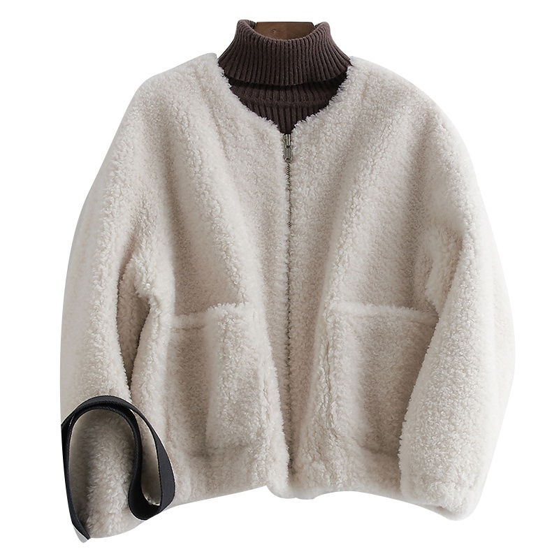 兰奥海宁颗粒羊毛皮外套女短款时尚简约羊剪绒大衣