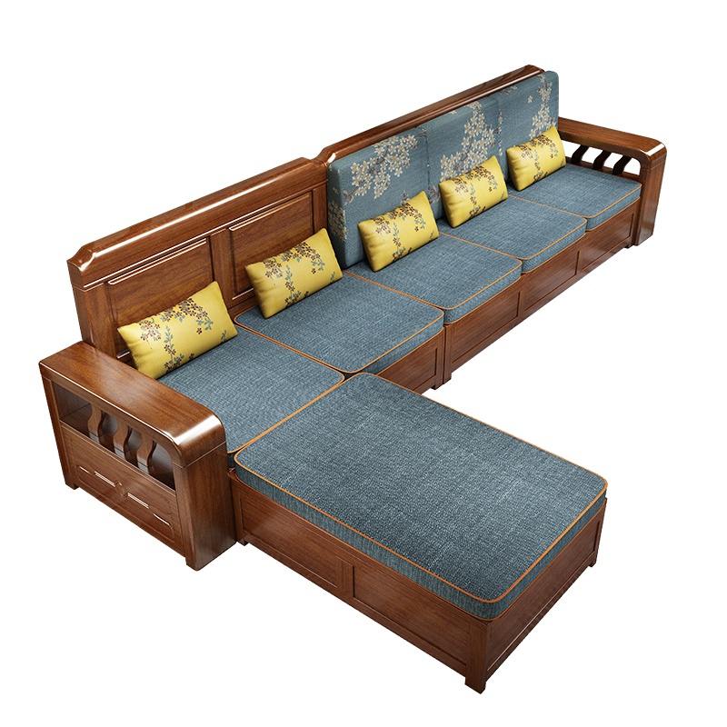 中式胡桃木实木沙发储物木质组装客厅现代转角贵妃冬夏两用木沙发