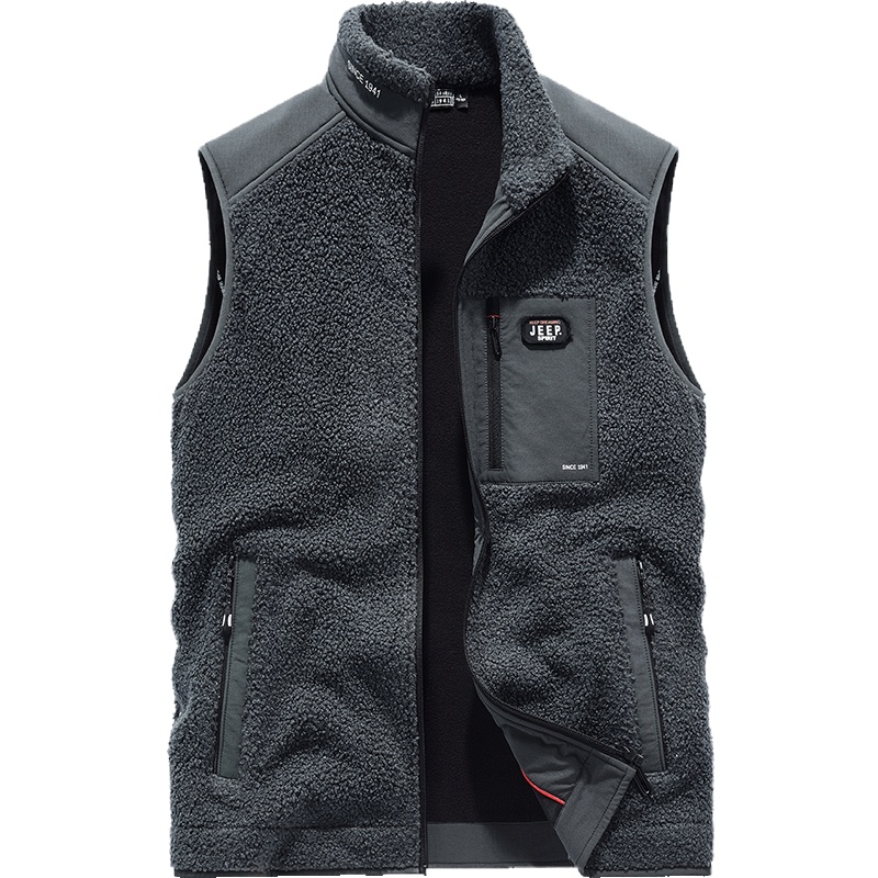 JEEP SPIRIT吉普立领加绒马甲男2021秋冬季宽松休闲立领夹克加厚抓绒衣