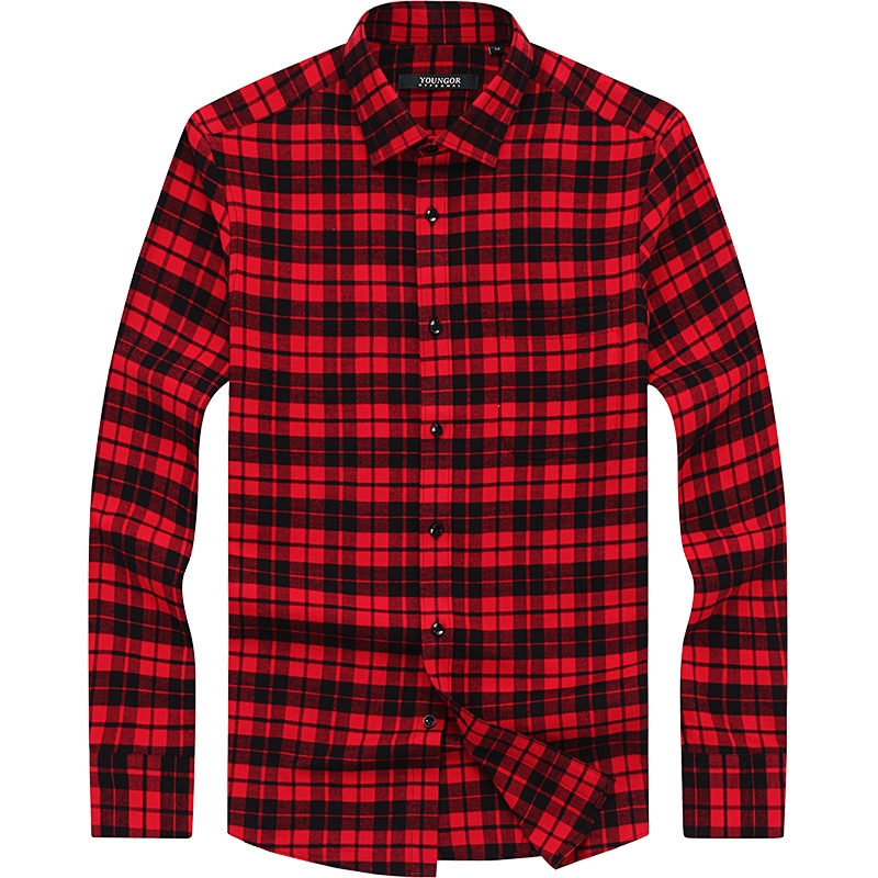 春季新款男士商务休闲纯棉格子修身长袖衬衫