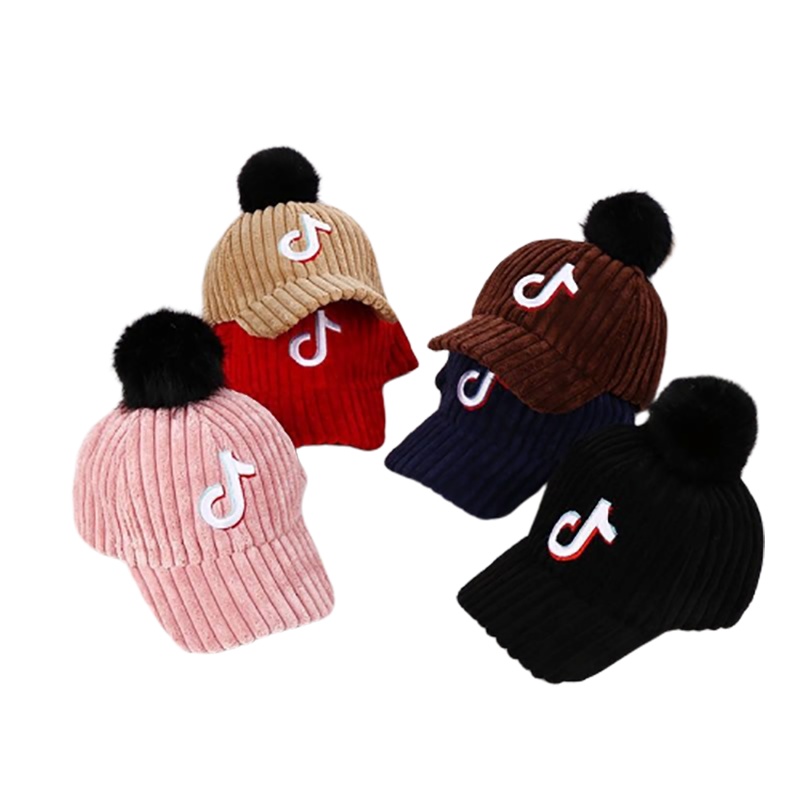 儿童棒球帽秋冬款天大毛球鸭舌帽保暖毛绒男女宝宝帽子灯芯绒