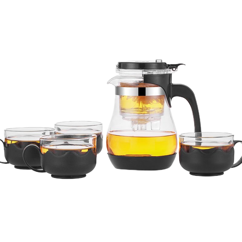 紫丁香耐热玻璃飘逸壶可拆洗泡茶壶过滤内胆冲茶器家用防撞茶壶雅泽壶600ml+莲花杯*4S13-1+S103-4