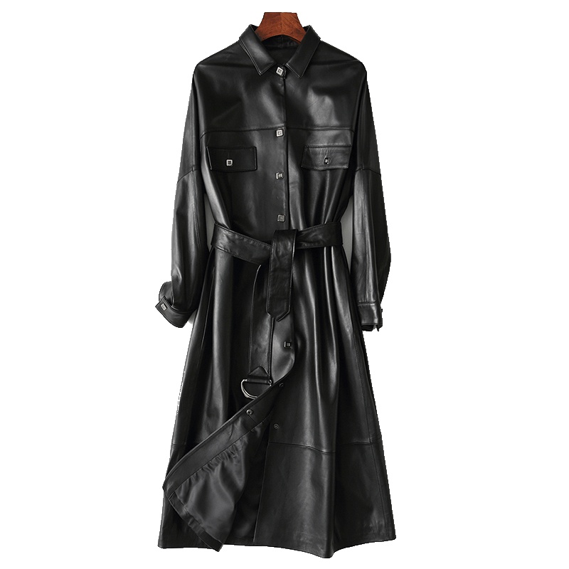 憨厚皇后 2019春季海宁真皮绵羊皮女新款长款系带修身皮衣外套T