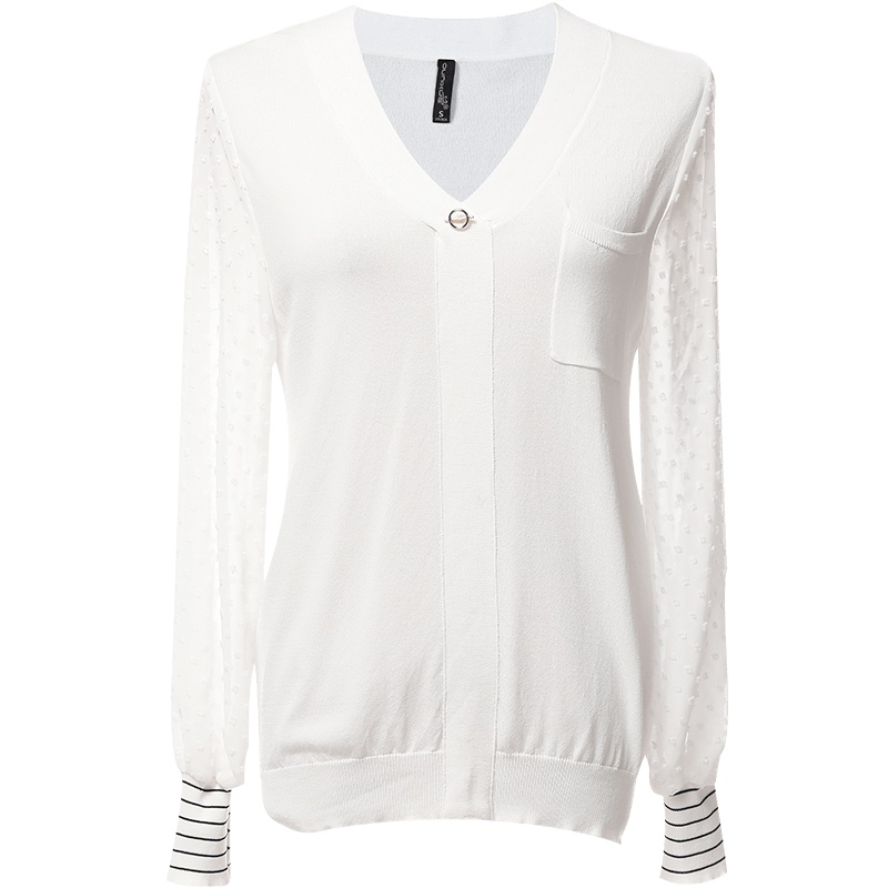 欧昵雪秋装V领拼接雪纺长袖宽松毛衣女上衣显瘦针织衫