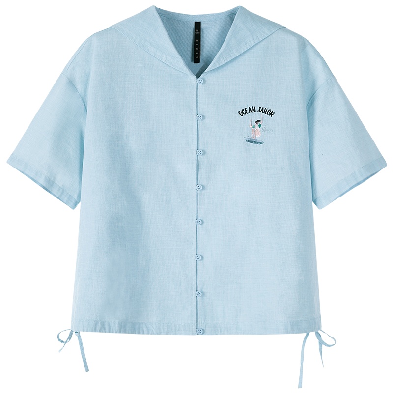 【满198减100预估价：35】Semir森马短袖衬衫女2019夏季新款亚麻衬衣学生韩版潮流刺绣翻领上衣