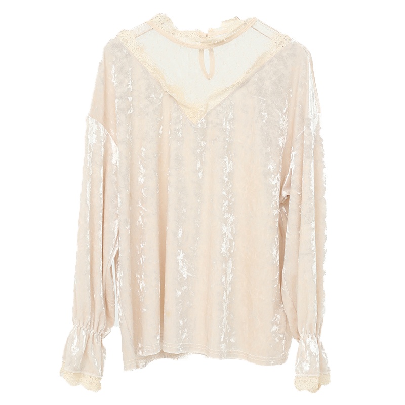 ENJOY'ME女装2020春季新品V字蕾丝网纱领拼接丝绒长袖上衣