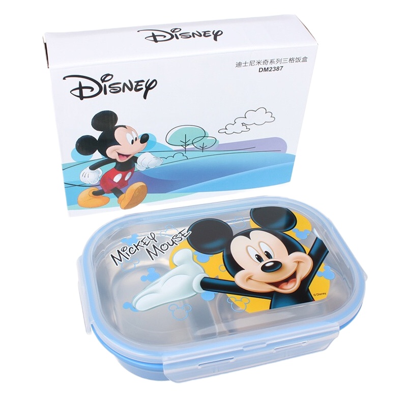 迪士尼幼儿园餐盘儿童餐具套装不锈钢分隔分格家用宝宝小学生饭盒分隔不锈钢防摔餐盘-DM2387迪士尼米奇系列三格饭盒