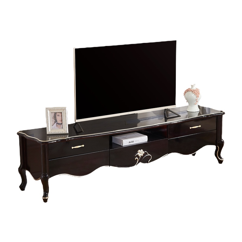 mikuo欧式茶几电视柜边柜组合黑檀色实木地柜雕花客厅家具小户型储物柜