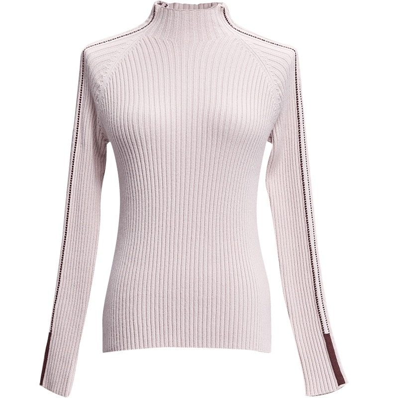 欧昵雪季条纹插肩袖修身半高领套头毛衣女长袖打底衫