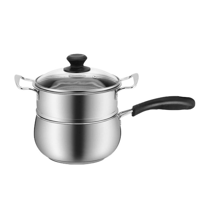 不锈钢奶锅煮热牛奶锅家用烘焙精灵小锅小蒸锅汤锅煮锅婴儿宝宝辅食锅 单手柄18cm复底+蒸格