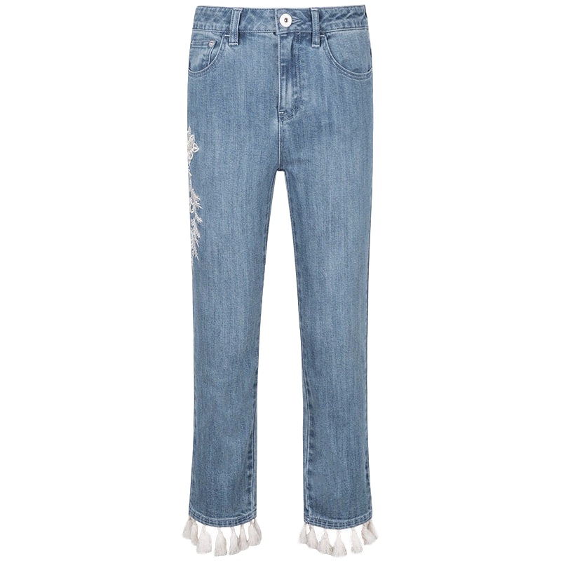 拉夏贝尔LaBabite春季牛仔裤新款女裤时尚百搭流苏通勤绣花九分裤休闲裤宽松60005764