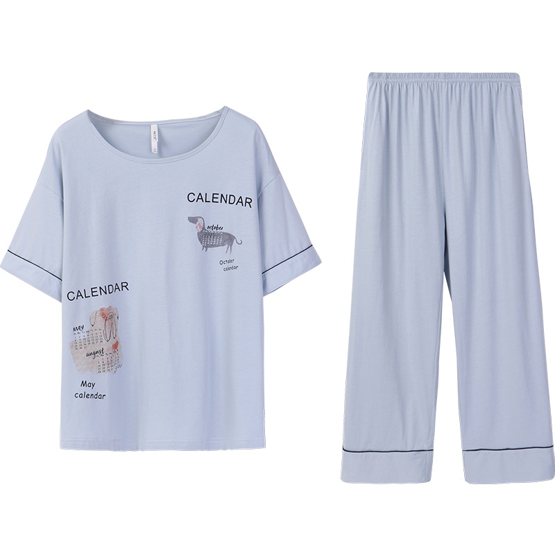 安之伴夏季睡衣女冰爽棉素色短袖女套装家居服
