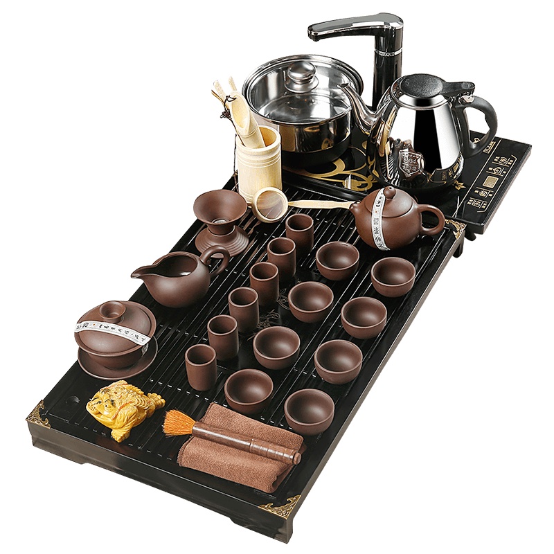 金镶玉 功夫茶具套装 柯木实木茶盘茶具茶壶茶杯泡茶炉整套 幽雅紫砂