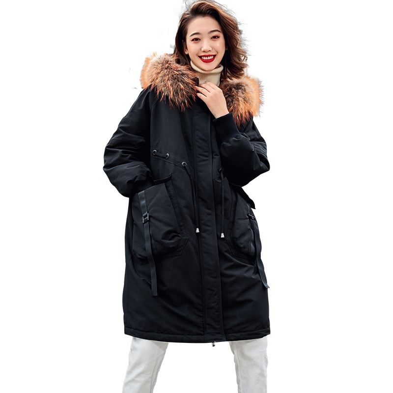 雪中飞羽绒服女中长款长过膝花韩版宽松时尚白鸭绒派克服冬季外套