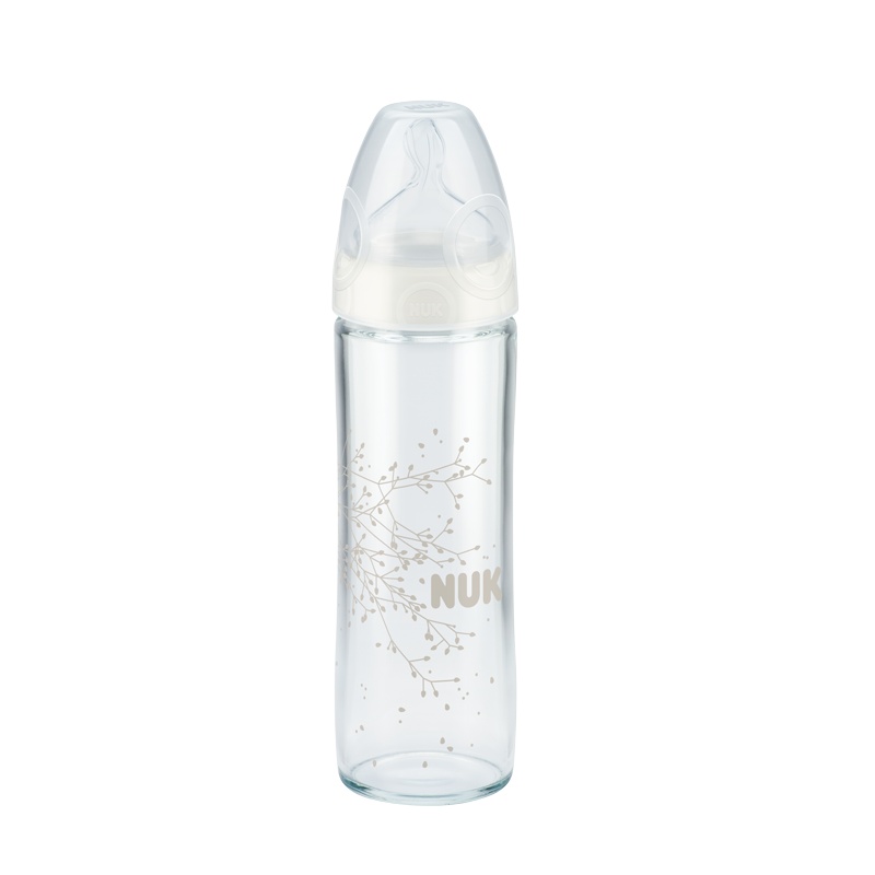 德国进口 NUK新生儿宽口径玻璃奶瓶240ml(带0-6月硅胶中圆孔奶嘴)新品纤细瓶身耐高温奶瓶 花色随机