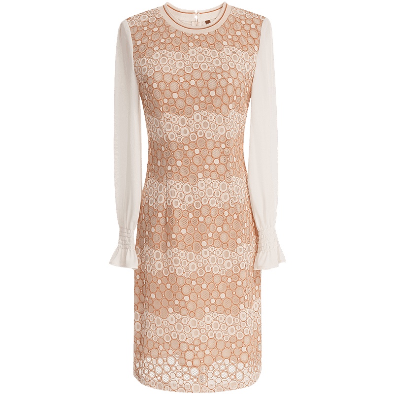 欧昵雪拼接喇叭袖收腰圆领气质波点蕾丝连衣裙女长袖