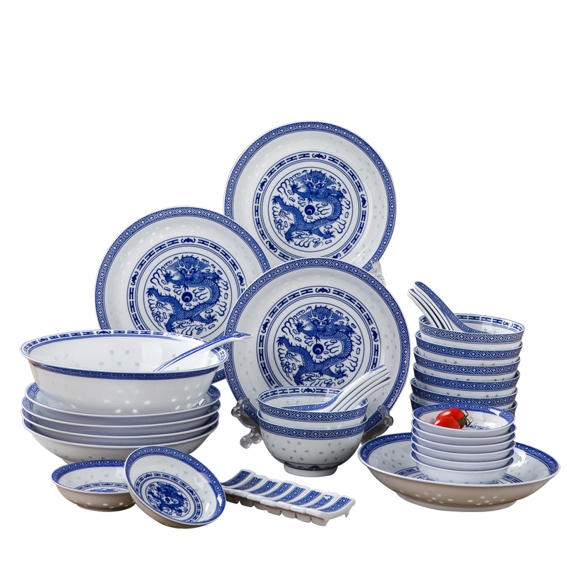 LICHEN 陶瓷餐具42头套装龙纹青花玲珑碗盘勺碟汤碗景德镇釉中彩中式优品餐具礼盒装