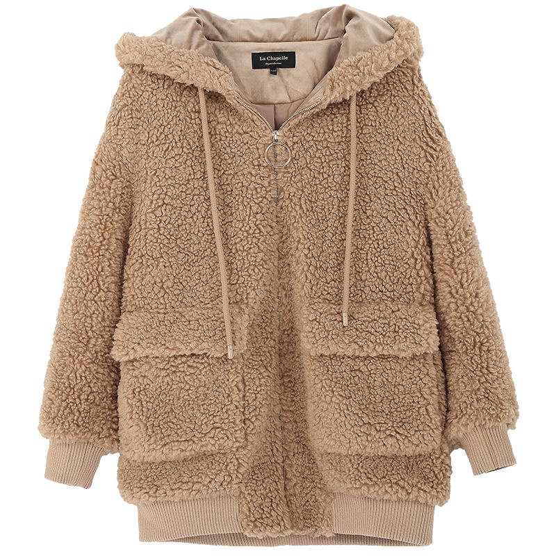 上新拉夏贝尔秋冬韩版人造毛女士时尚宽松长袖连帽加厚夹克外套潮10019482