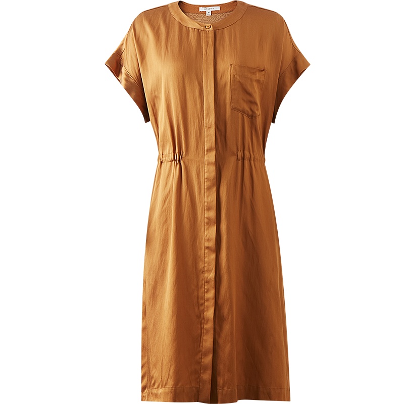 MECITY女装简约收腰系带风衣式连衣裙圆领纯色百搭长裙