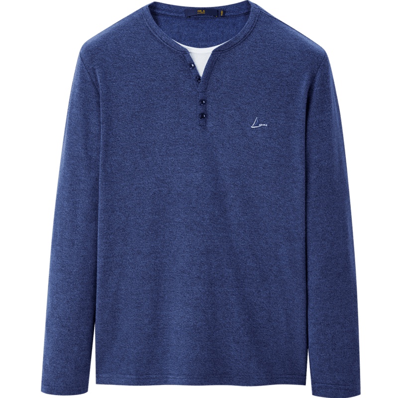 HLA/海澜之家舒适提花长袖T恤2019秋季Y领四扣净色长T男 HNTAD3R033A