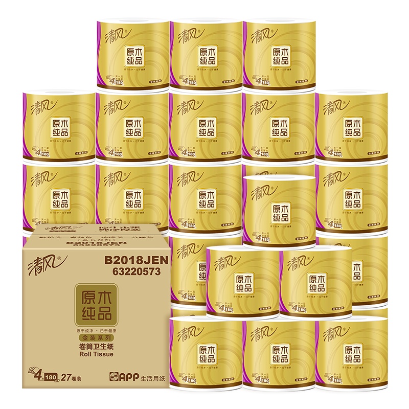 清风 卷纸 原木纯品金装系列 4层180克27卷 卫生纸 擦手纸 有芯卷筒纸巾