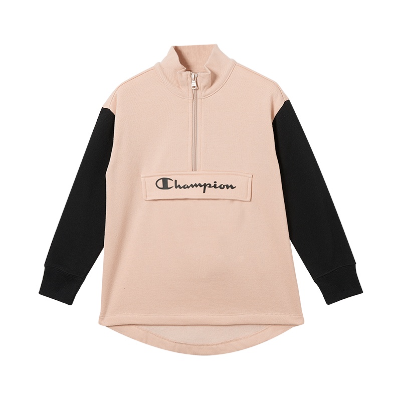 Champion/冠军男女童接拼混纺加绒套头衫经典logo图案高端儿童夹克
