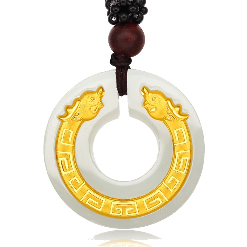左传 金镶和田玉复古双龙吊坠 金镶玉平安扣玉坠 足金黄金首饰吊坠