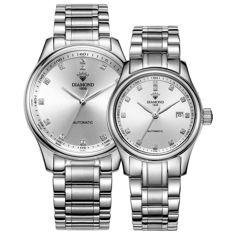 上海钻石牌(DIAMOND)手表情侣款机械表自动时尚日历精钢表带白钢白面DA-8040情侣手表