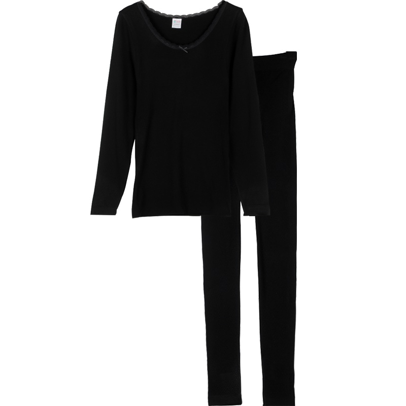 红豆(HODO)秋衣秋裤女提花美体内衣套装蝴蝶结性感蕾丝圆领女士保暖内衣套装