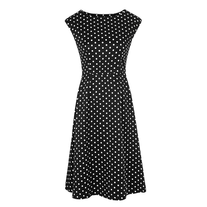 晚白 2020夏新品时尚波点印花圆领收腰显瘦雪纺裙A字无袖连衣裙女