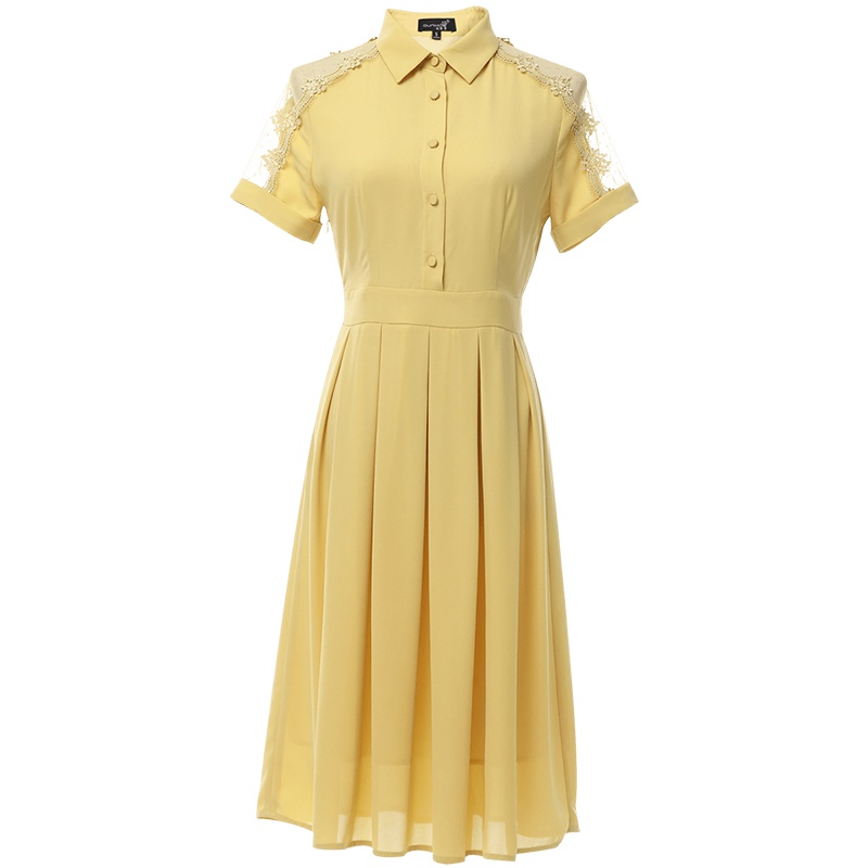 欧昵雪夏季镂空纱拼接露肩短袖高腰衬衫连衣裙女百褶裙