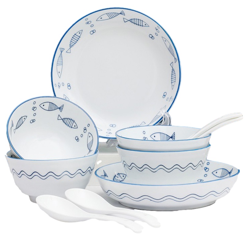 贝瑟斯 日式碗碟盘勺套装10头釉下彩波浪小鱼陶瓷餐具