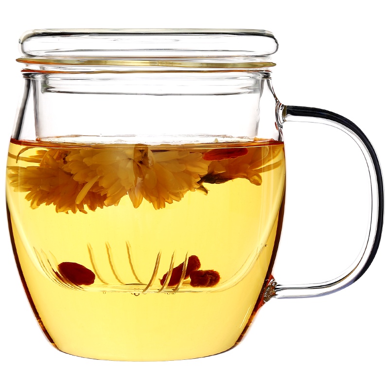 常生源 耐热透明玻璃茶杯内过滤内胆玻璃花茶杯三件套大容量可加热带盖泡茶杯 秋水依旧