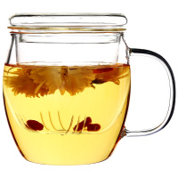 常生源 耐热透明玻璃茶杯内过滤内胆玻璃花茶杯三件套大容量可加热带盖泡茶杯 秋水依旧