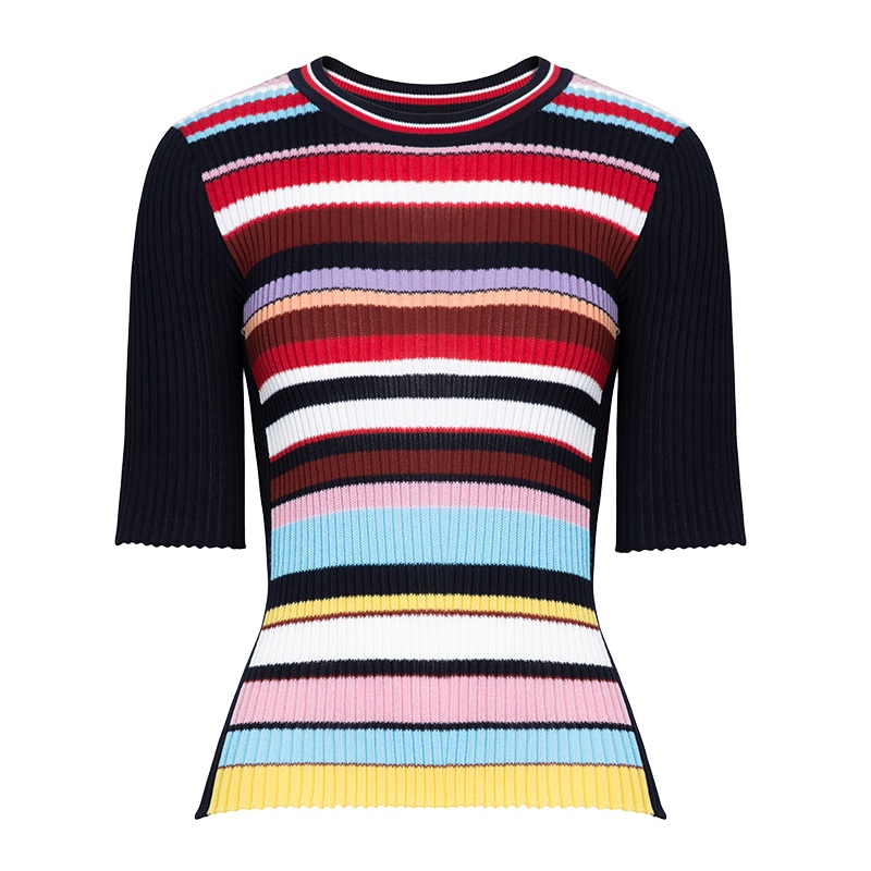 鄂尔多斯 | ERDOS春夏纯棉圆领抽条短袖撞色针织女士T恤